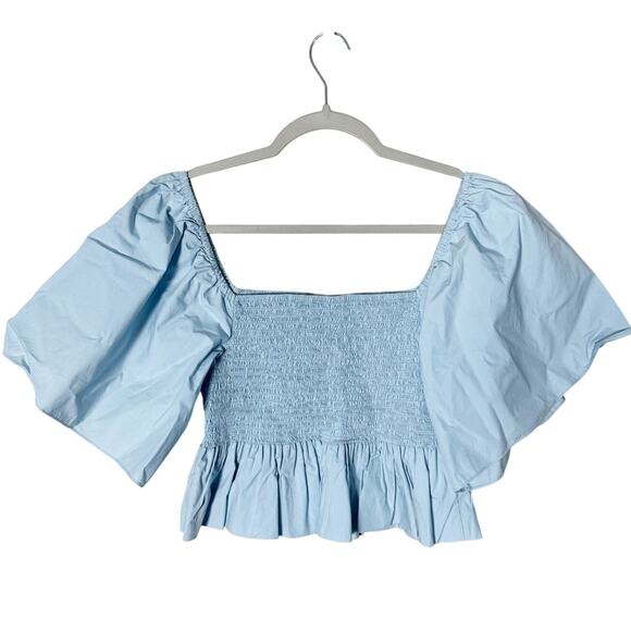 RHODE Elena Shirred Cotton Poplin Top Peplum Ruffle Hem Light Blue Size Small - Picture 4 of 7